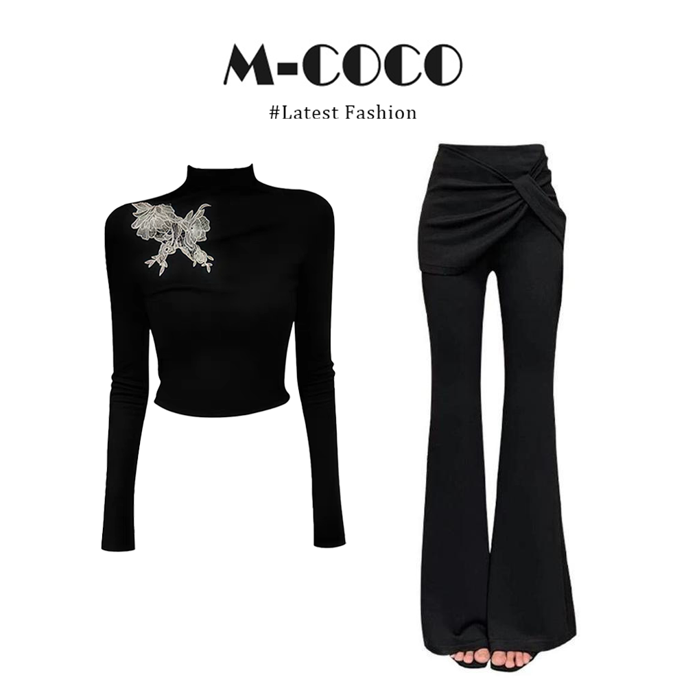 INS CEC巨好看的新中式蝴蝶结黑色刺绣长袖T恤微喇裤子秋季套装