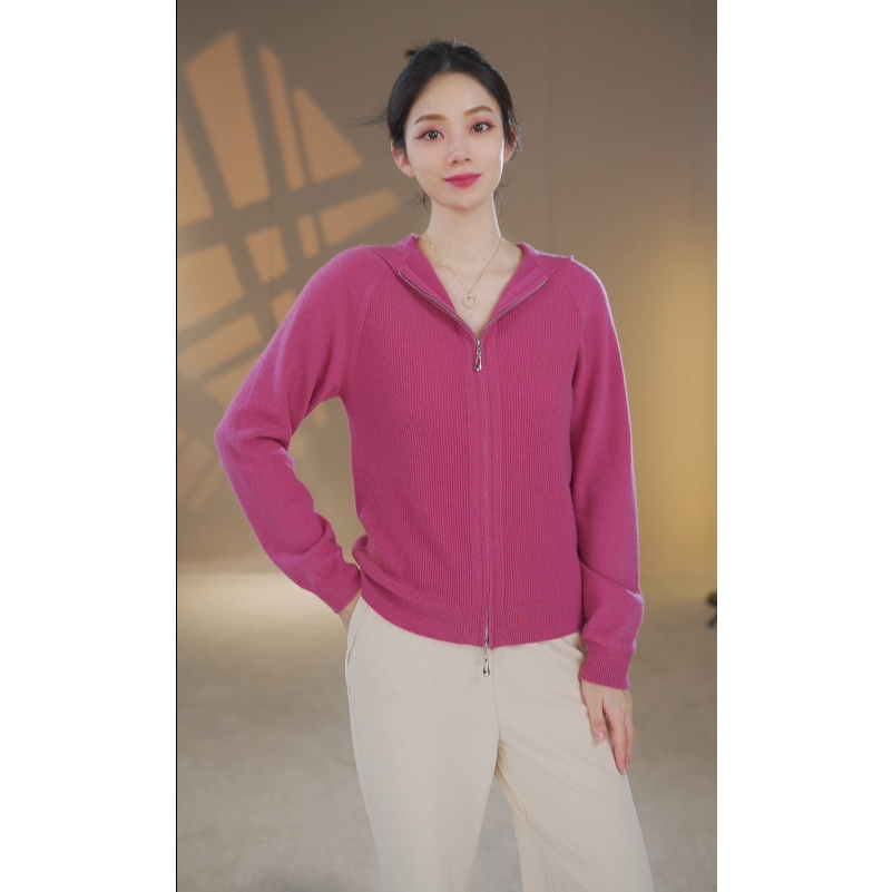 25秋季针织上衣带帽拉链羊绒开衫 77051