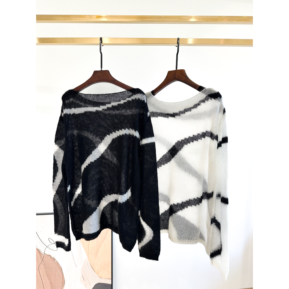 一眼惊艳感！漂亮慵懒松弛感针织衫女装时尚黑白撞色宽松百搭毛衣