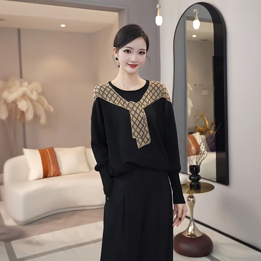 2025早秋季含绵宽松轻奢时尚黑色百搭气质套头针织毛衣女上衣