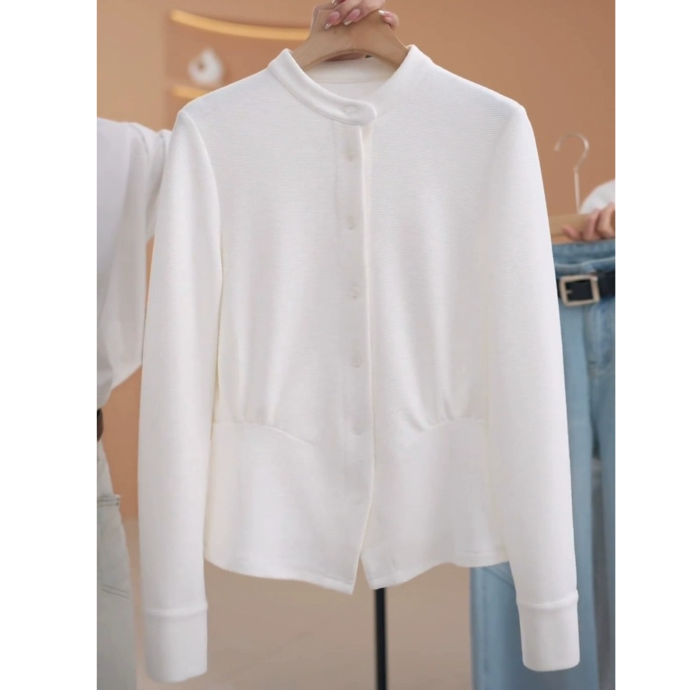 0882韩系气质减龄纯白长袖上衣2025春季新款显瘦时尚简约立领衬衫