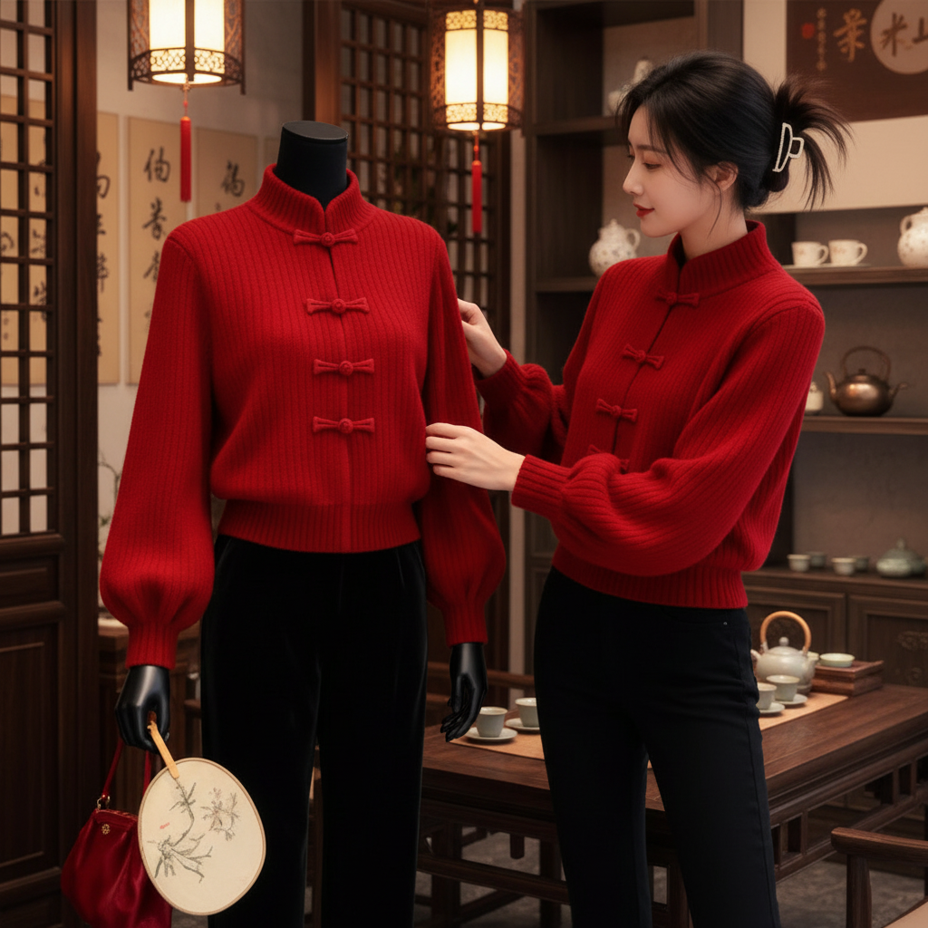 红色氛围感蝴蝶结设计感女秋冬新款新中式高级感减龄小众针织毛衣