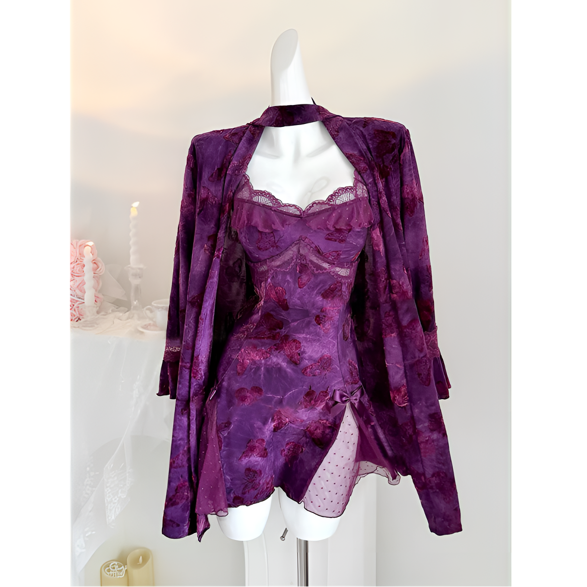 【妩媚入骨】法式御姐性感网纱植绒吊带睡裙女带胸垫纯欲露背睡衣女