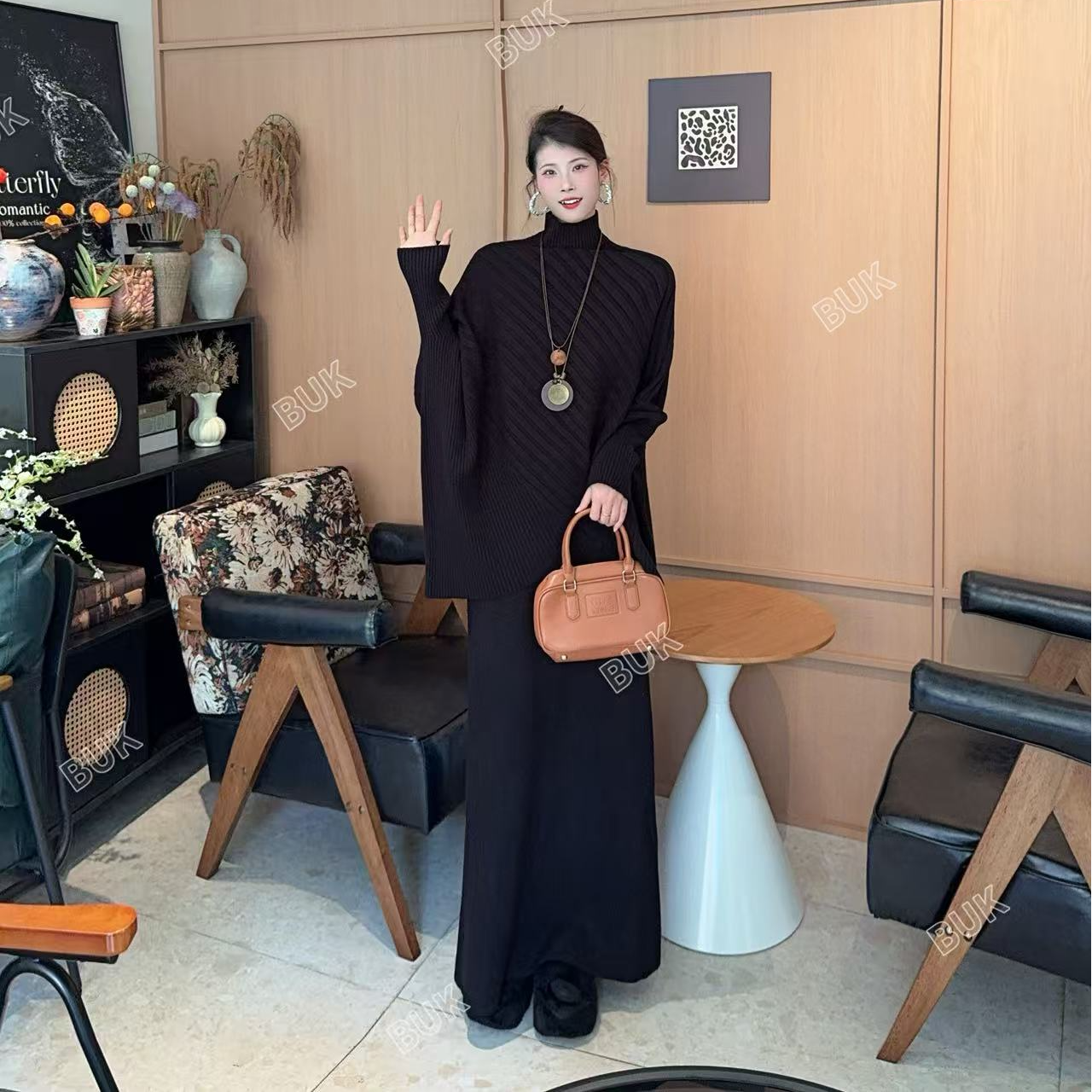 简约显瘦高领针织衫宽松蝙蝠袖上衣A字半裙时尚秋冬套装