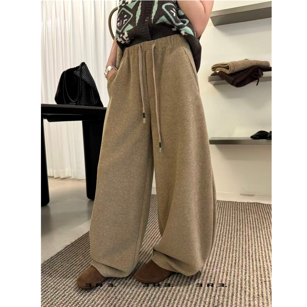 慵懒松弛感高腰休闲加绒阔腿裤女秋冬宽松加厚卫裤垂感软糯弯刀裤