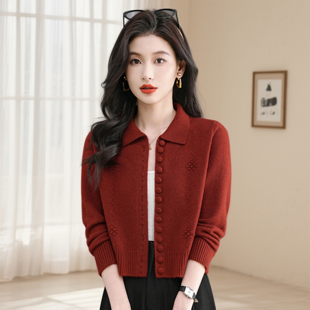 小个子短款羊毛衫外套女2025新款春秋翻领长袖针织衫高档毛衣开衫
