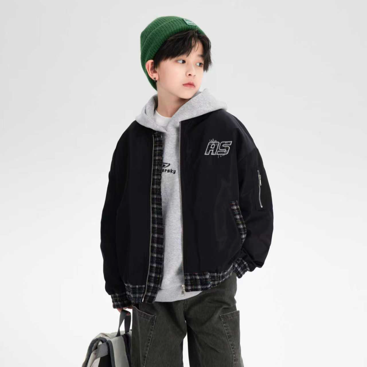 【现货现发】男童冬装毛呢格子拼接棒球棉服2025新款加厚外套6063