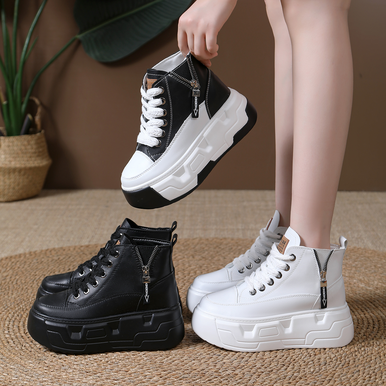 【跟高8厘米】厚底内增高小白鞋女鞋2025秋冬季新款时尚高帮鞋短靴