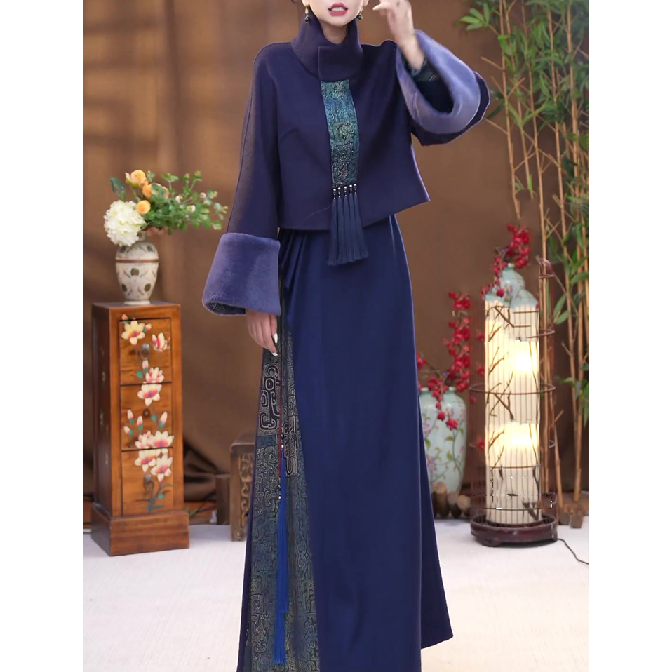 文艺国风时尚套装裙女2025秋冬新款复古加厚宽松显瘦外搭+连衣裙