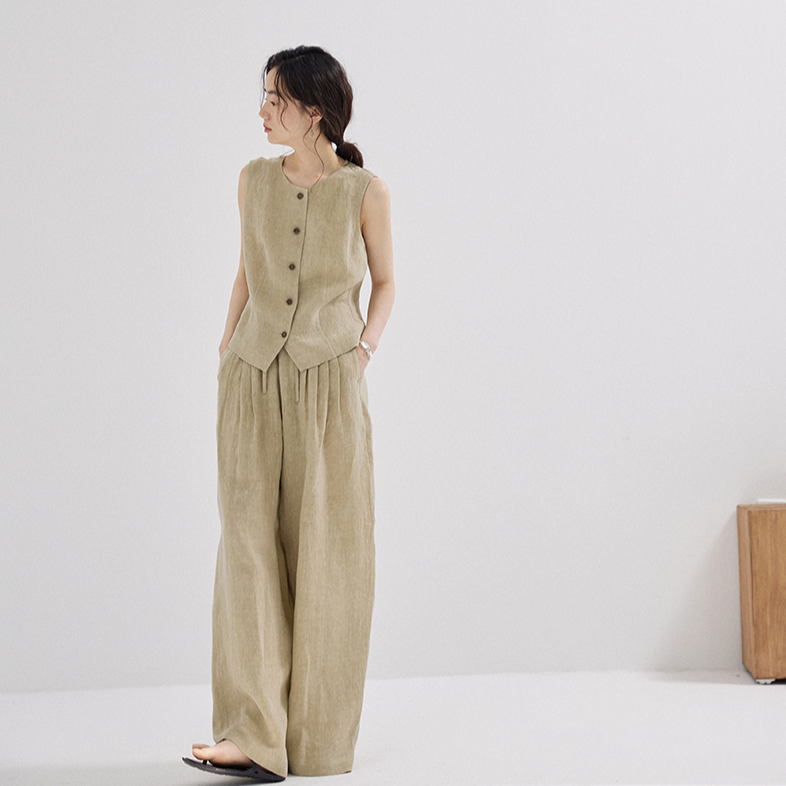 2025夏季新款老钱风高级感亚麻套装马甲背心上衣阔腿裤两件套