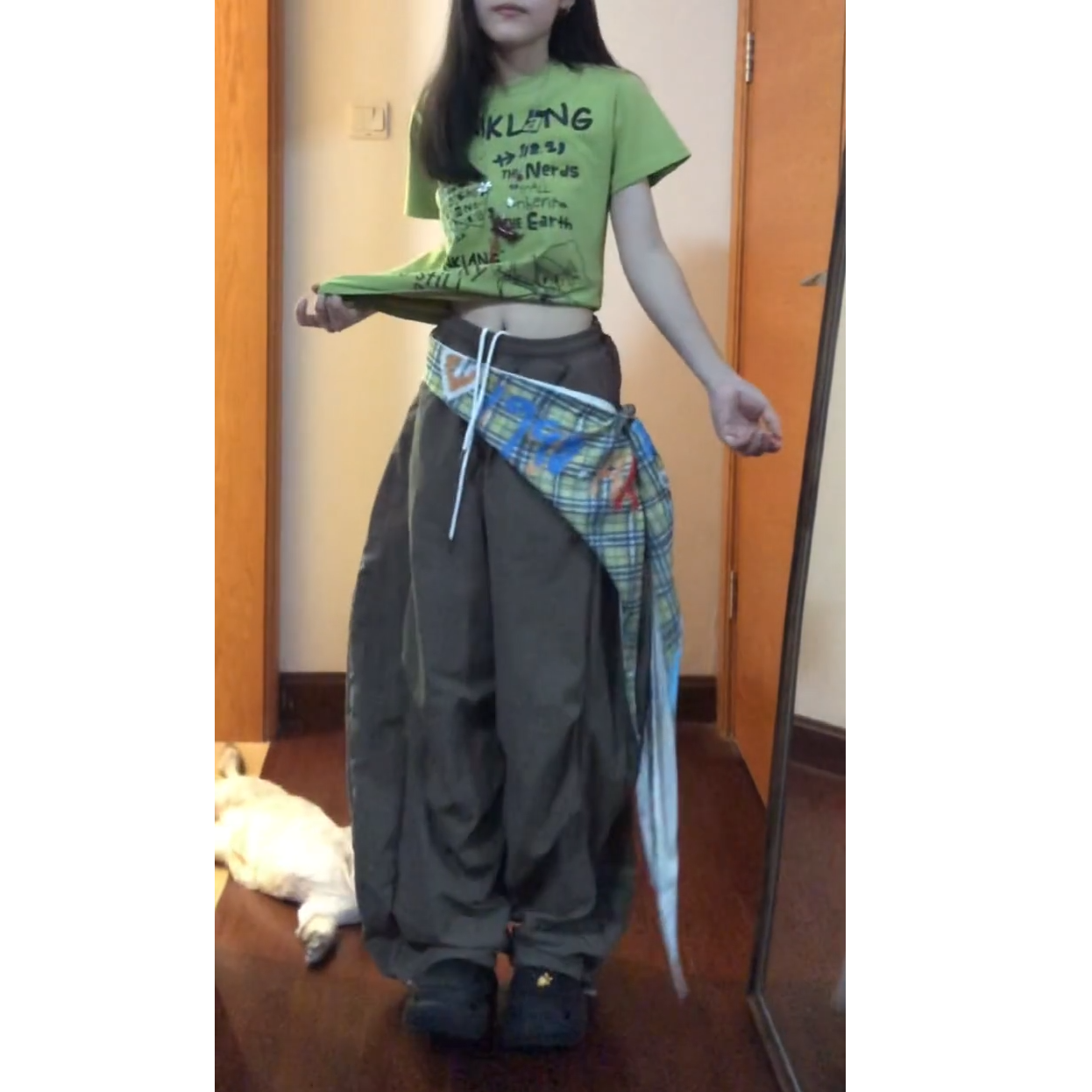 2025夏季新款美式复古卡通印花上衣大高腰显瘦工装阔腿裤两件套女