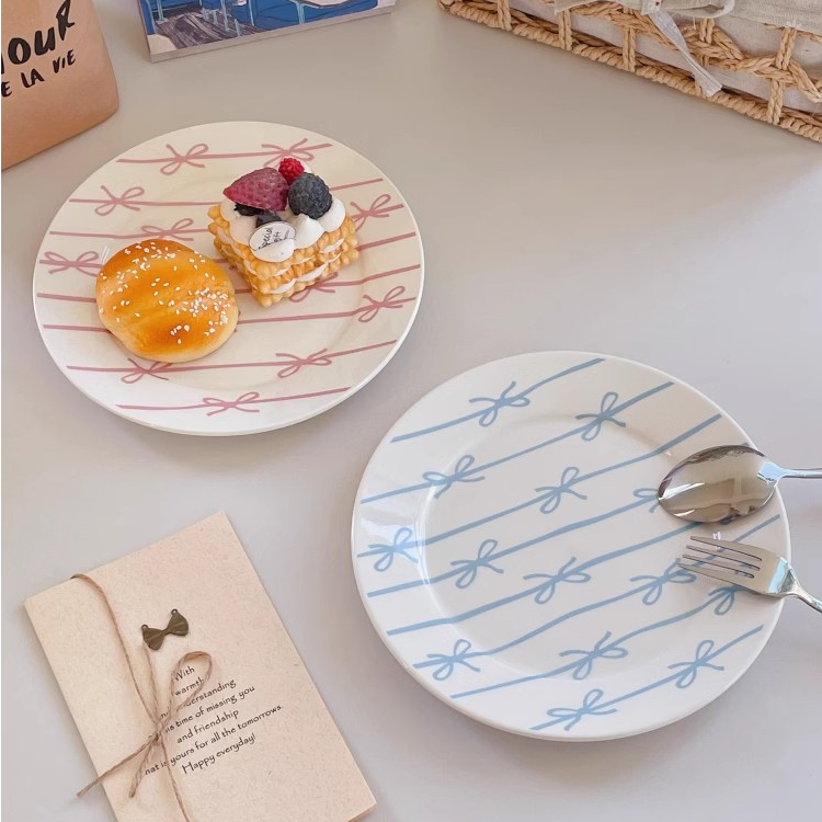 外贸原单 法式复古陶瓷西餐盘子蝴蝶结 蛋糕盘点心小吃碟家用平盘