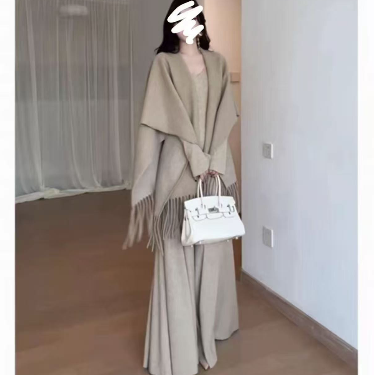 休闲风INS风轻熟风时尚套装流苏披肩简约百搭连衣裙两件套