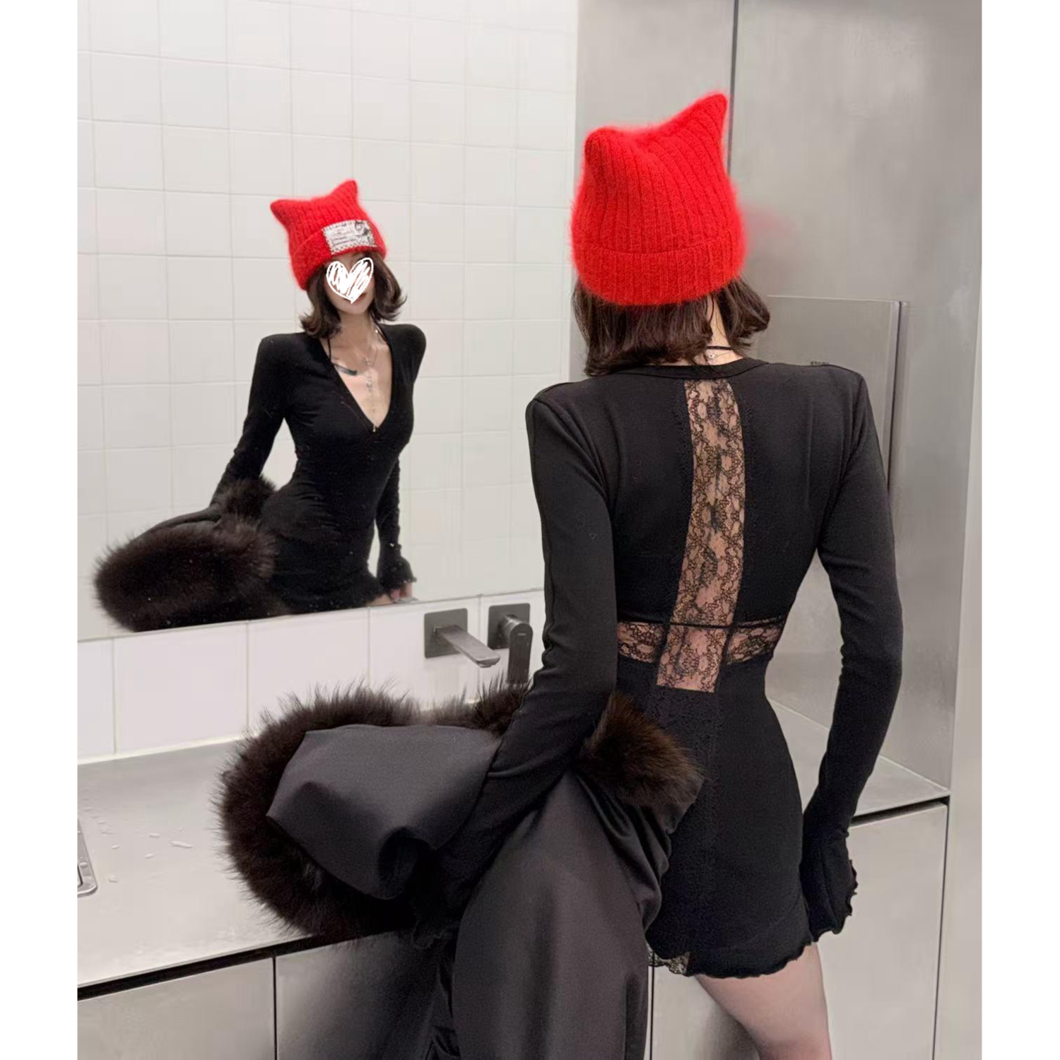 性感纯欲后背蕾丝打底衫女秋冬季新款黑色内搭长袖t恤辣妹v领上衣