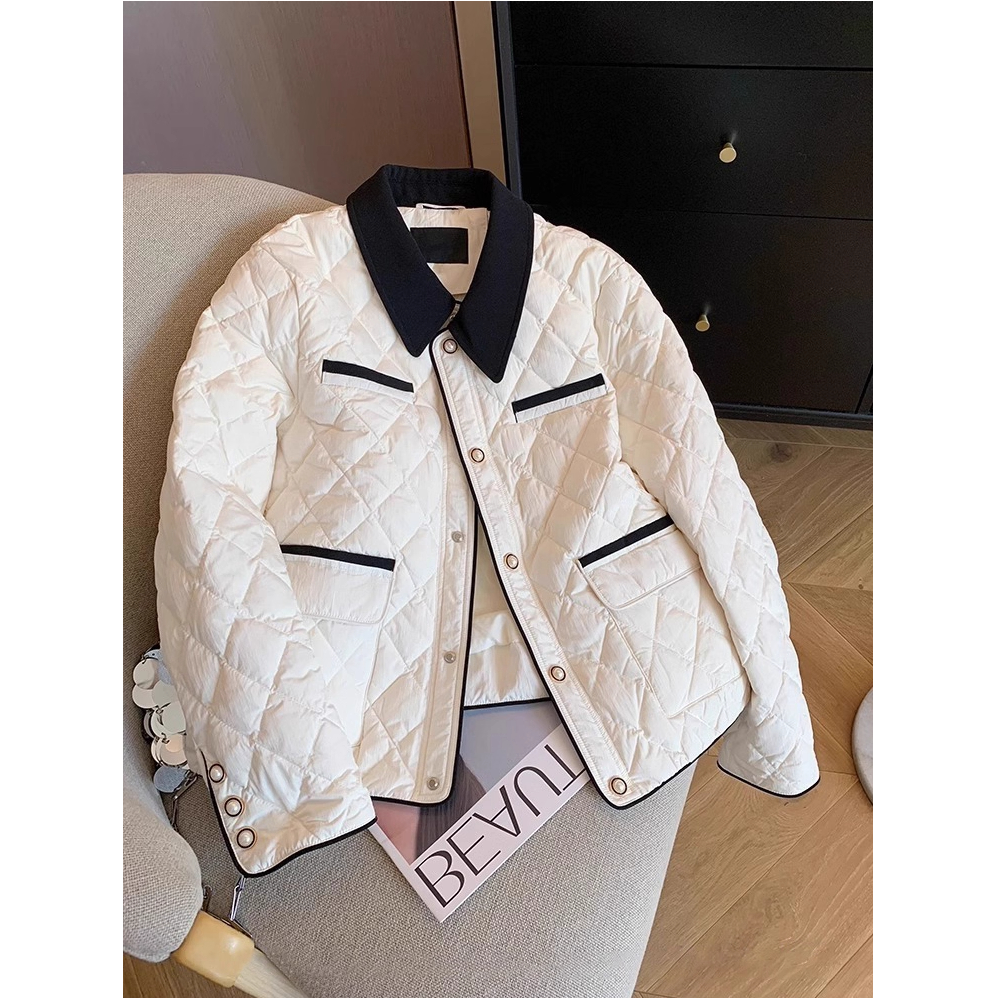 法式名媛风撞色翻领菱格棉服外套女2025冬季洋气高级宽松保暖棉衣