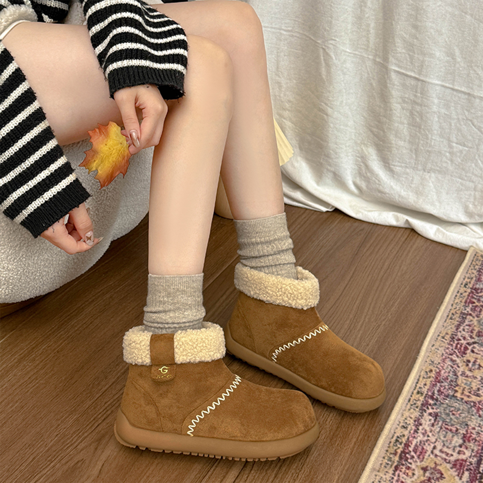 复古棕色厚底加绒雪地靴女款2025新款冬季保暖外穿防滑勃肯棉鞋子