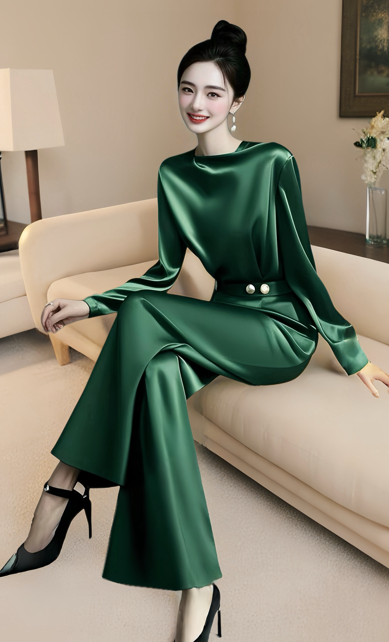 SS1172一整套盐系炸街高级感小洋装轻奢气质宝石绿长款套装裤显瘦
