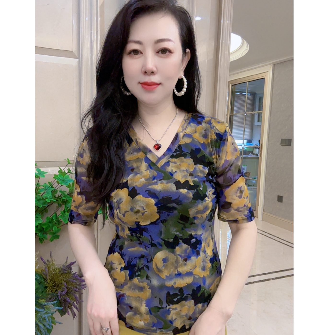 夏季新款印花T恤女气质时尚显瘦中袖上衣洋气法式小衫潮流打底衫