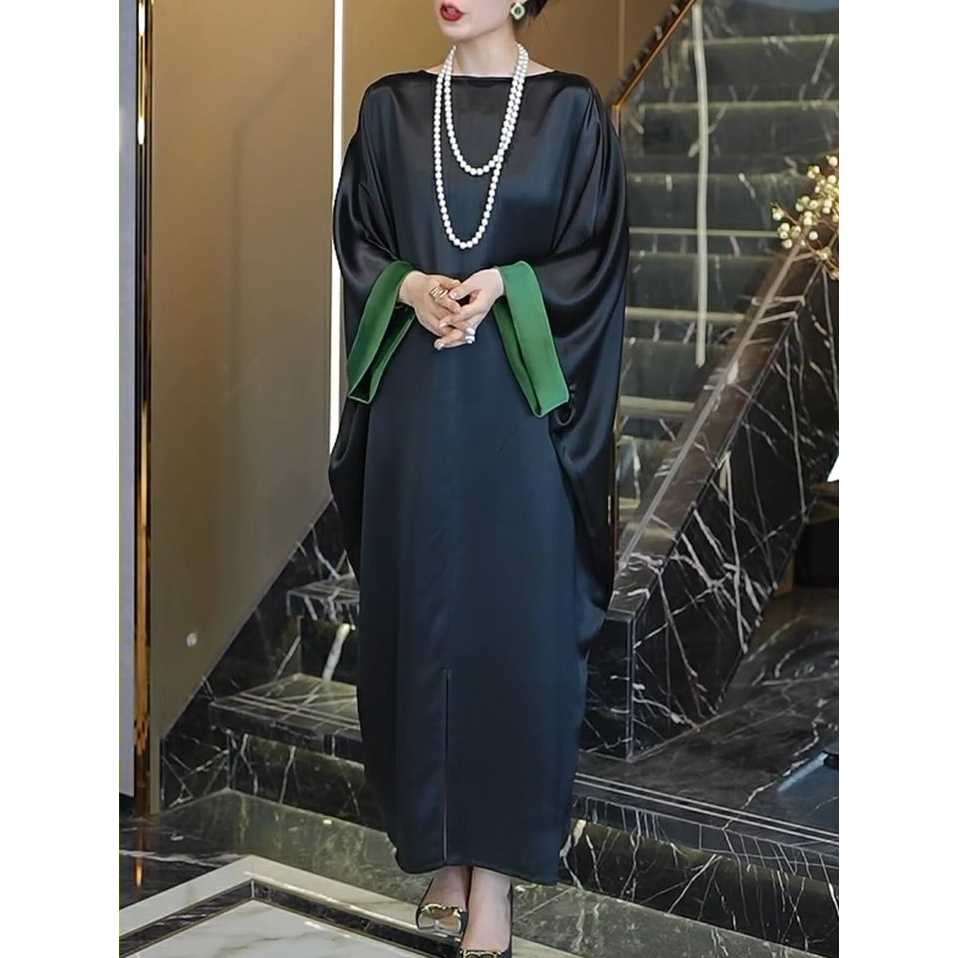 【送胸针】高级感大码宽松连衣裙春秋新款时尚V领蝙蝠袖气质长裙