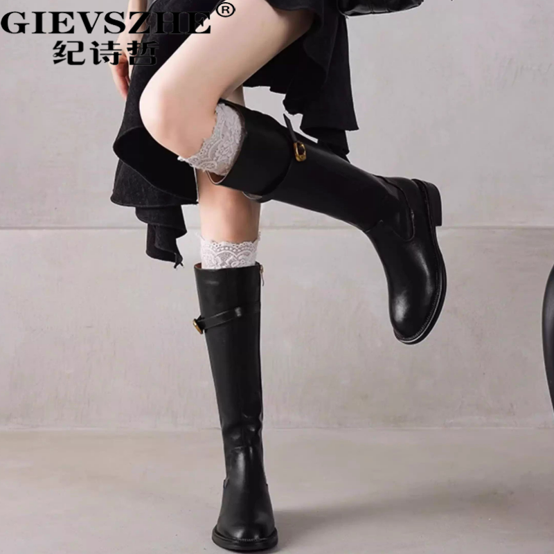 纪诗哲真皮女靴复古时装靴女秋冬新款时尚复古潮流百搭长筒靴女款