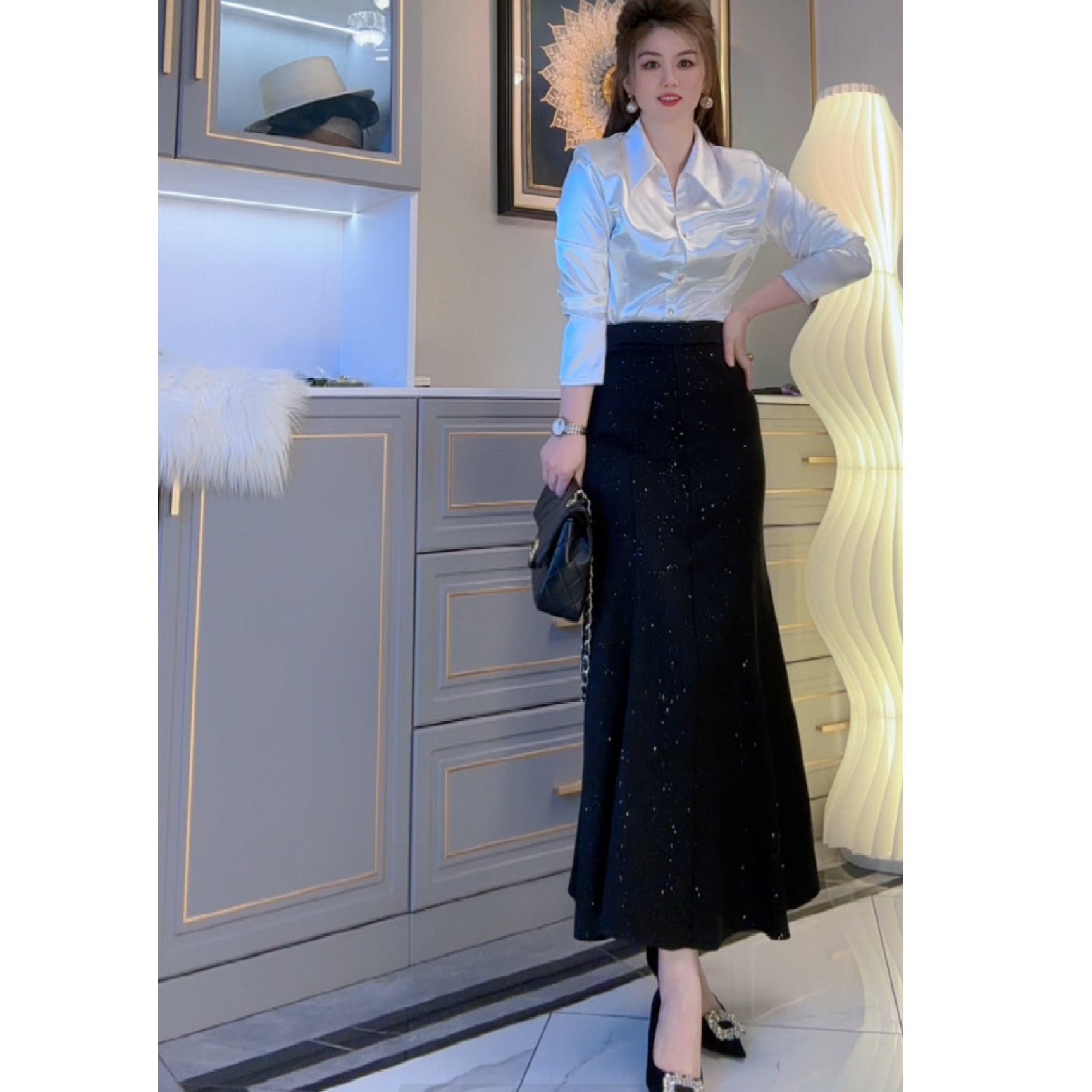 亮片鱼尾裙优雅高腰包臀显瘦气质修身半身裙经典时尚