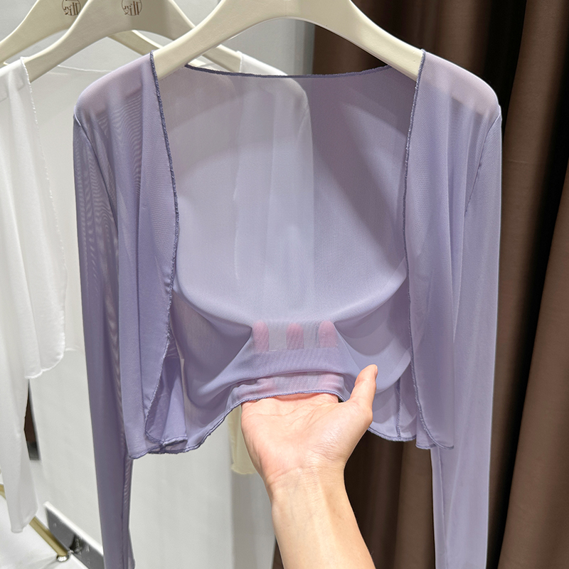 紫色透视长袖网纱开衫蕾丝短外套女夏季配吊带裙外搭短款防晒罩衫
