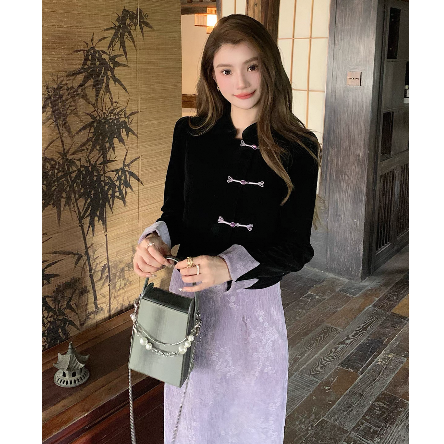 2025新中式旗袍套装女冬富家千金国风加棉上衣加紫色半身裙两件套