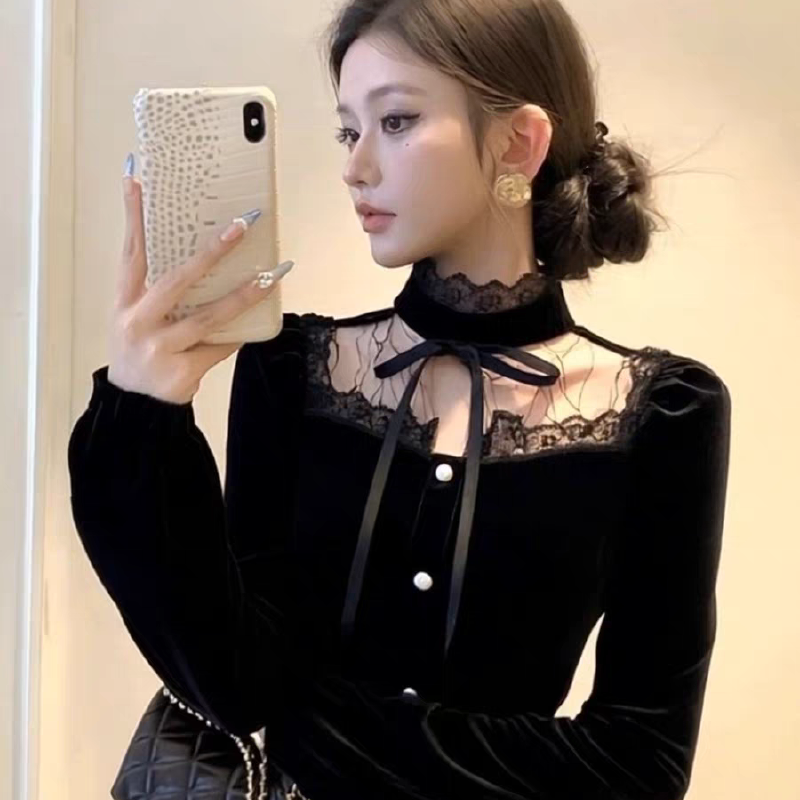 2025秋冬新款轻奢高级感独特超好看法式黑色丝绒蕾丝拼接衬衫上衣