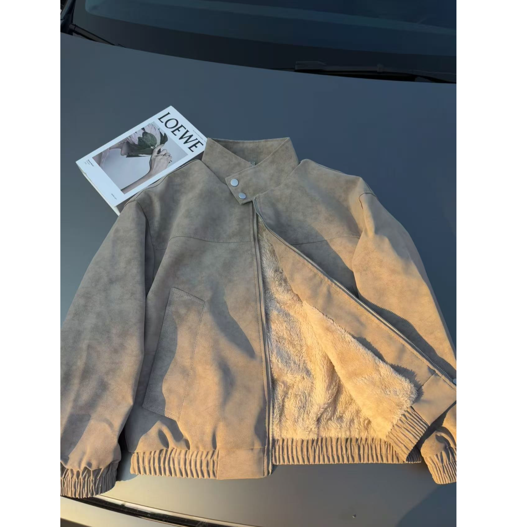 复古美式水洗扎染羊羔绒外套男冬季加绒加厚机车皮衣立领棒球夹克