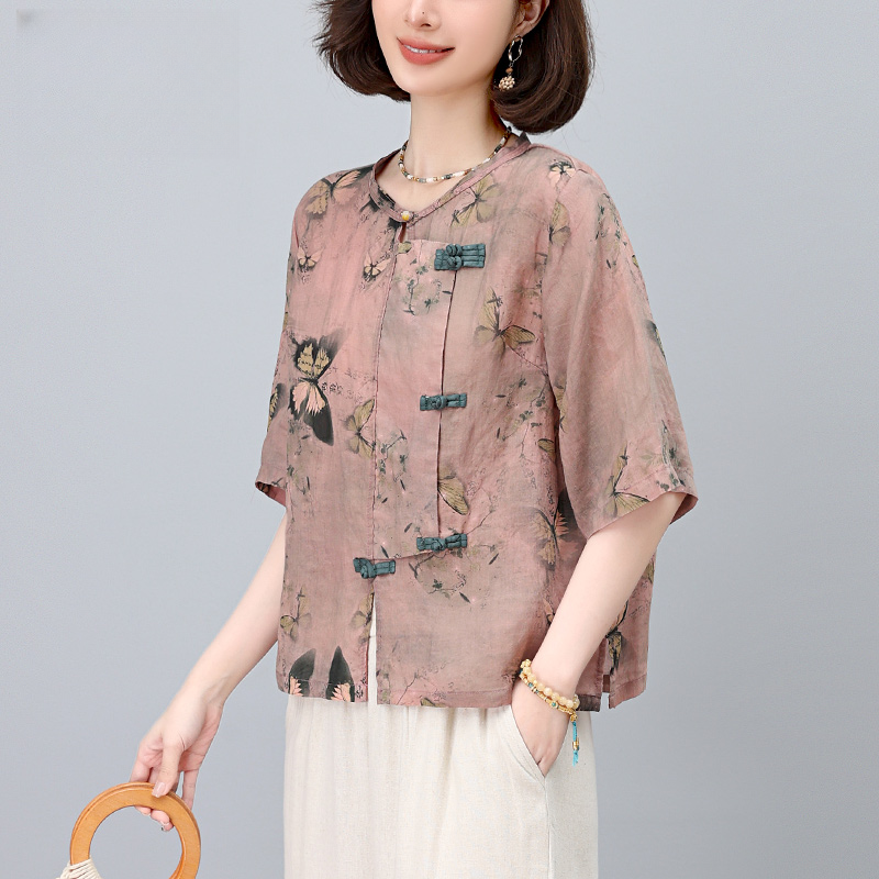 纯苎麻衬衫气质女士上衣2025新款夏季印花五分袖衬衣妈妈短袖小衫