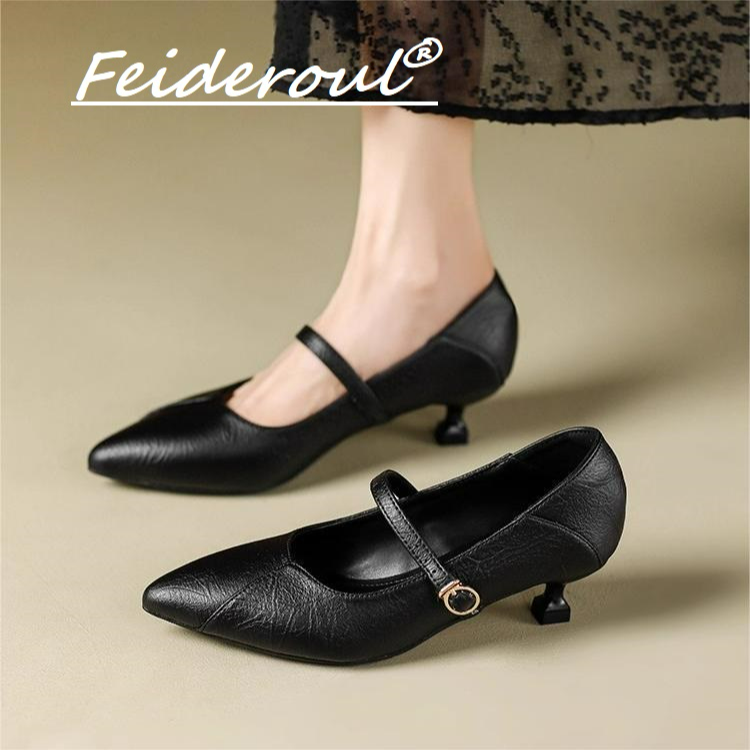 Feideroul软皮高跟鞋女细跟法式简约不掉跟玛丽珍扣带尖头小单鞋