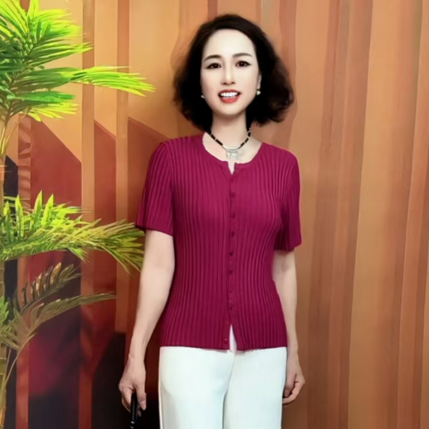 [清仓福利]夏季天丝亚麻针织短袖开衫女短款剪刀v领针织小衫短款
