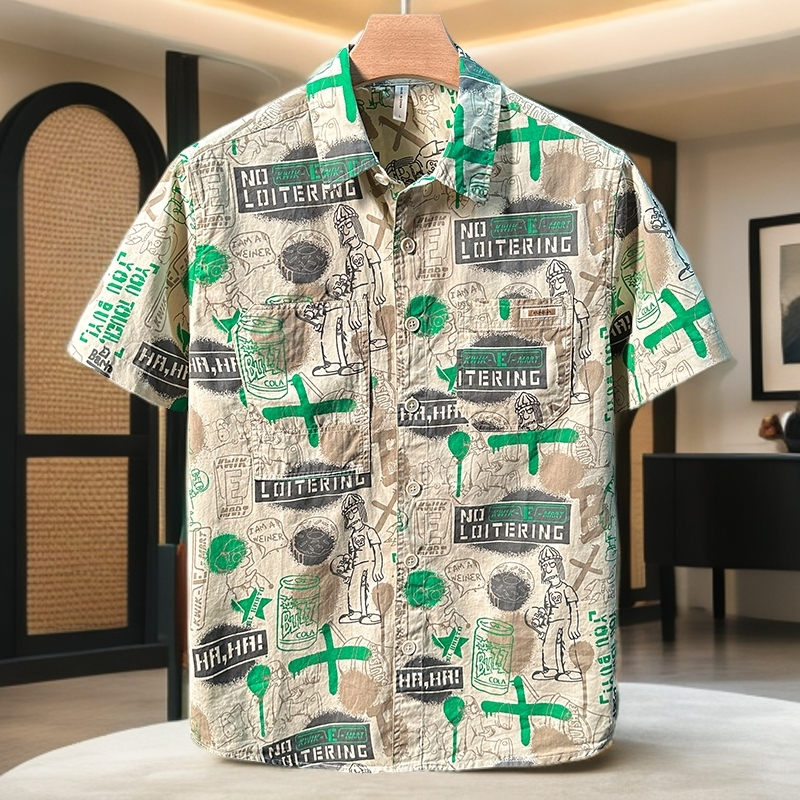 欧货潮牌个性印花短袖衬衫男士夏季港风时尚百搭休闲文艺宽松衬衣