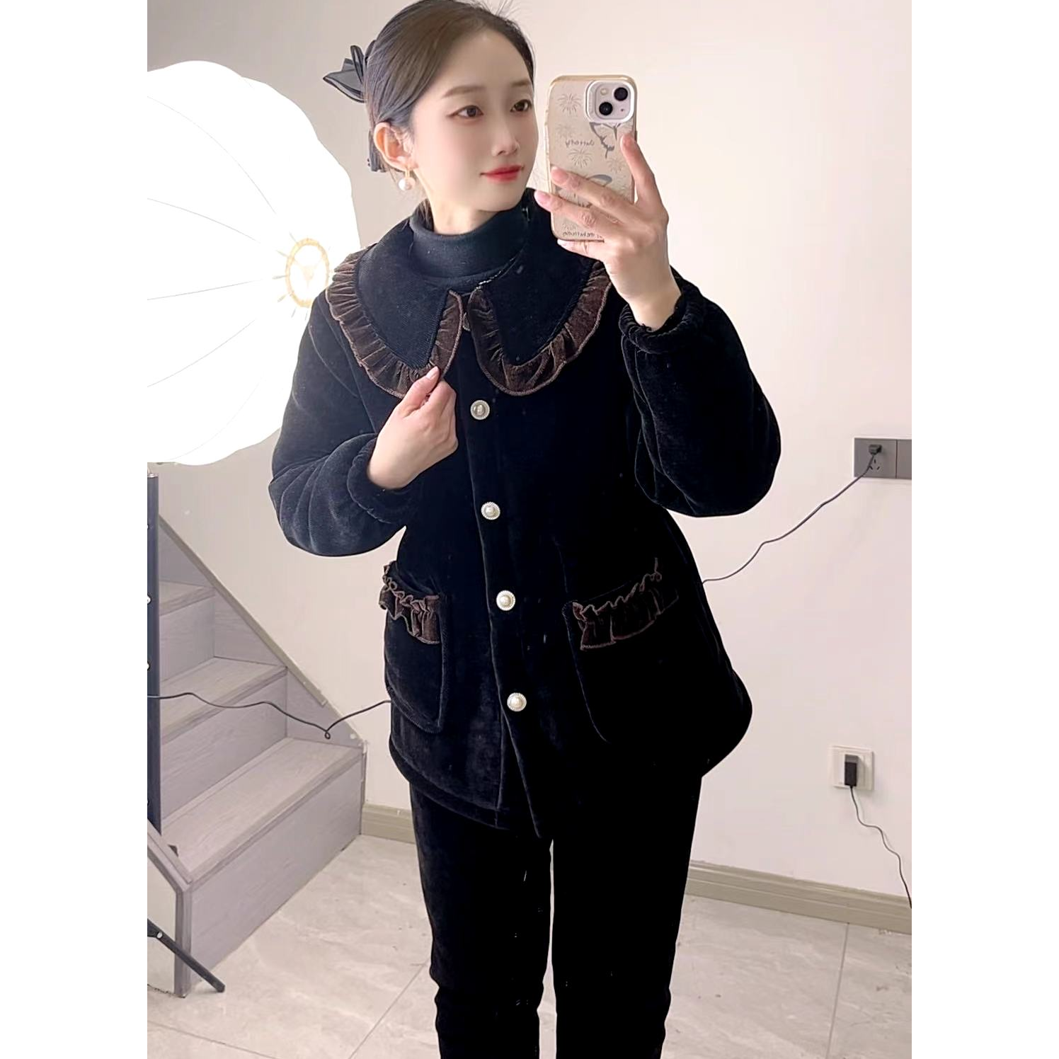 冬季外穿休闲咖色娃娃领花边套装睡衣家居服保暖套装收腰款直筒款