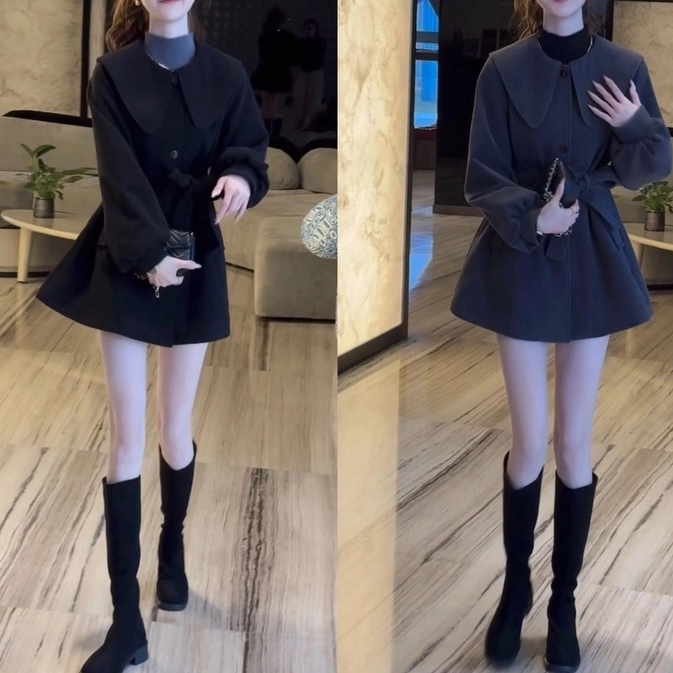 【现货+运费险】小个子韩版宽松娃娃领收腰翻领系带夹棉毛呢外套