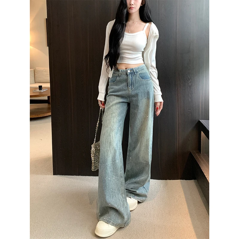 银河碎钻重工阔腿牛仔裤女2025早秋新款高腰宽松遮肉显瘦拖地长裤