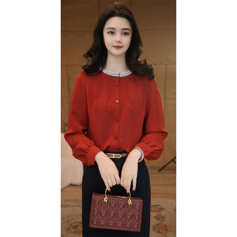 曼贝欧若风红酒佳人8591106酒红色衬衫女士气质高级