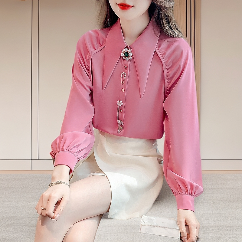 气质尖领长袖雪纺衬衫女早春秋新款钉珠设计感小众甜美风减龄上衣