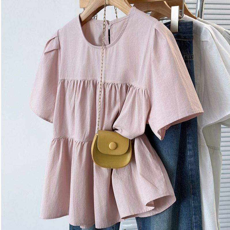 大码女装法式短袖宽松衬衫女夏季泡泡袖娃娃衫胖MM遮肚子显瘦上衣