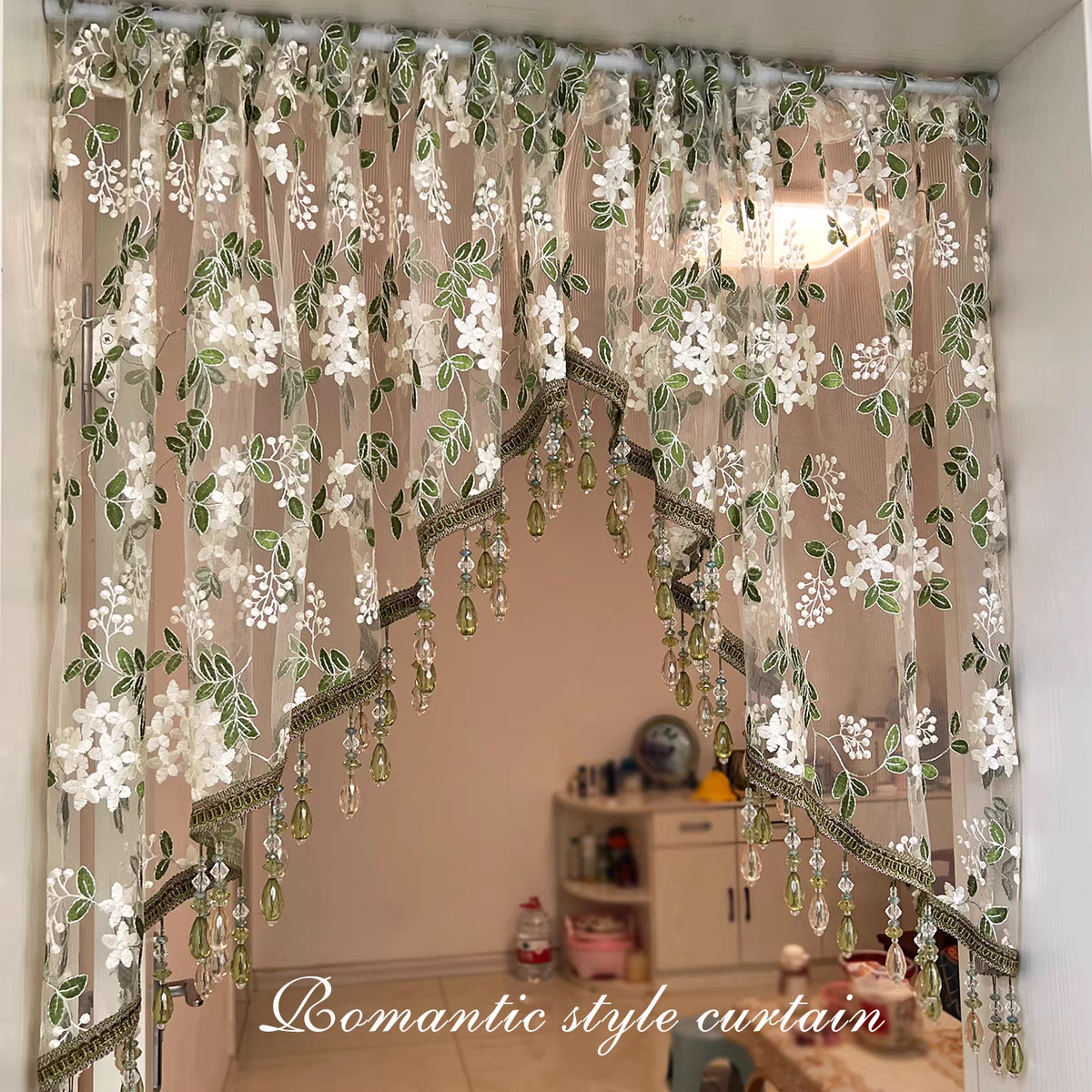 2025新款半截门帘高定刺绣花卉刺绣氛围感门帘免打孔拱形门帘纱帘