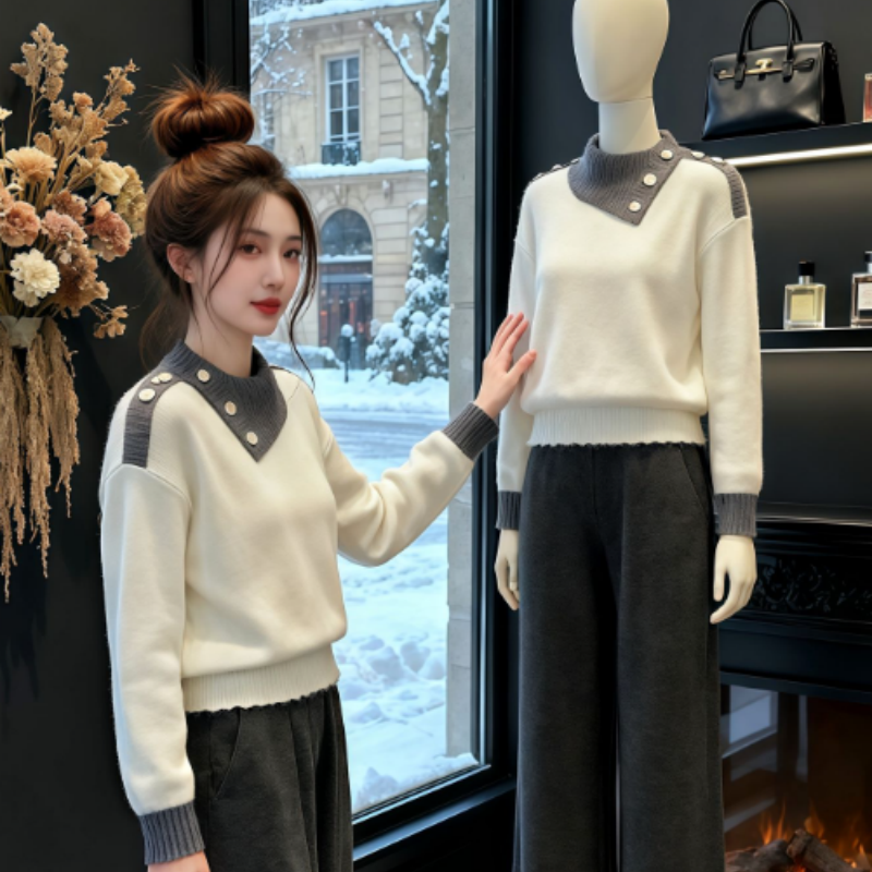 高级感休闲气质长袖上衣潮2025冬季新款毛衣老钱风拼色翻领针织衫