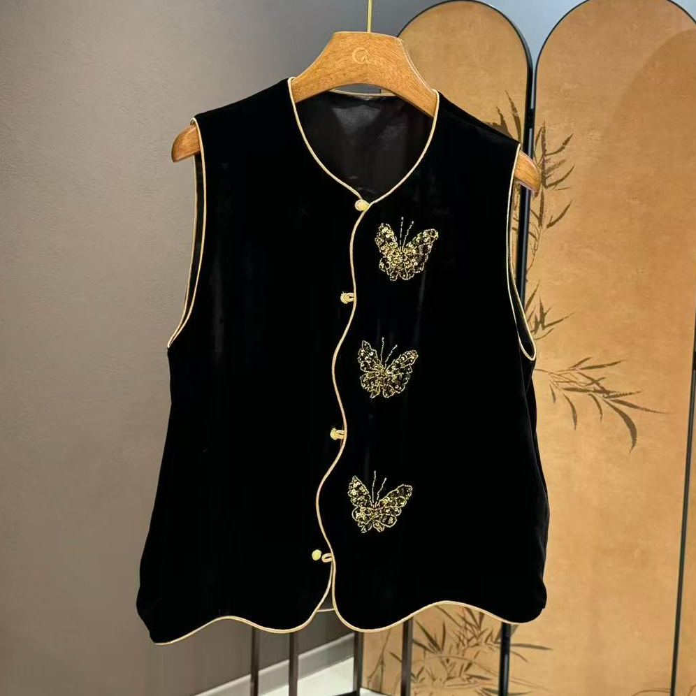 真丝丝绒重工串珠金蝴蝶波浪马甲