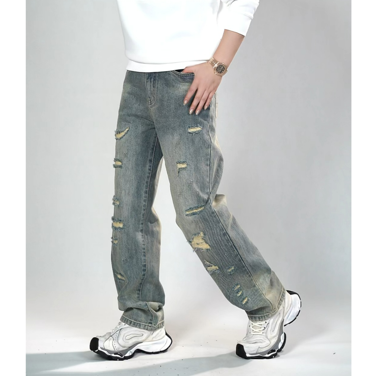 芬澜迪男士重工假破洞阔腿牛仔裤10024秋冬男装个性阔腿牛仔裤