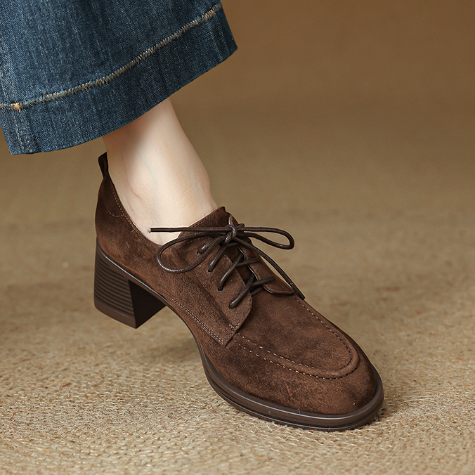 深口系带方头~6-7.6cm/粗跟单鞋女2026春新款小个子气质高跟女鞋