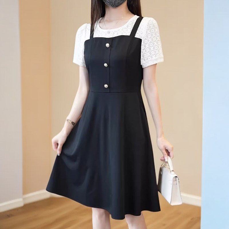 假两件连衣裙春夏女2025新款女装小个子显高气质蕾丝短袖小黑裙子