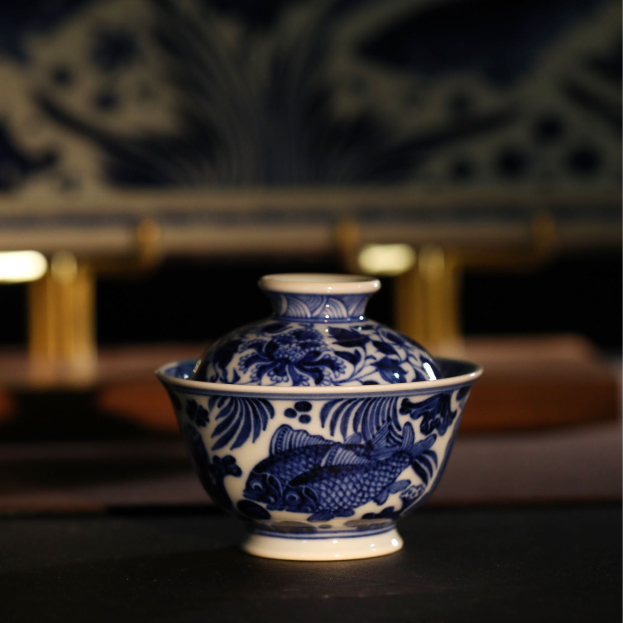 元黛工坊元青花鱼藻撇口盖碗陶瓷纯手工鱼藻纹