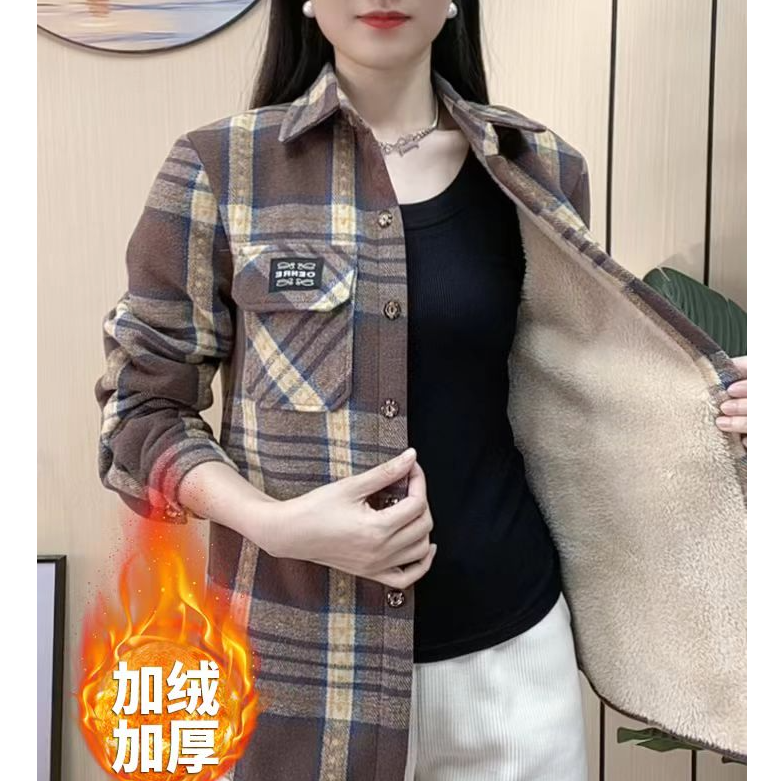 商场版610克 2025新款加绒加厚格子衬衫女宽松大码保暖格子外套