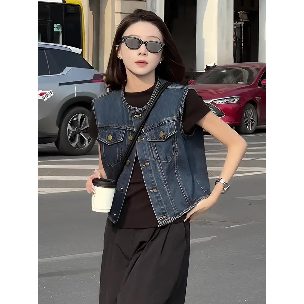 复古蓝色短款无袖背心牛仔外套女2025新款早春宽松小个子叠穿上衣
