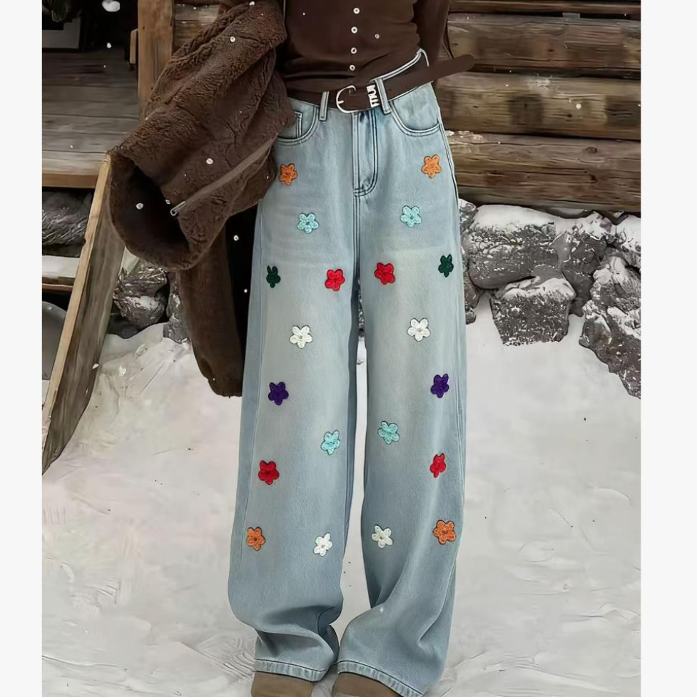 【晴晴自留】b3084冬季新款韩系复古立体花朵加绒/单料牛仔阔腿裤