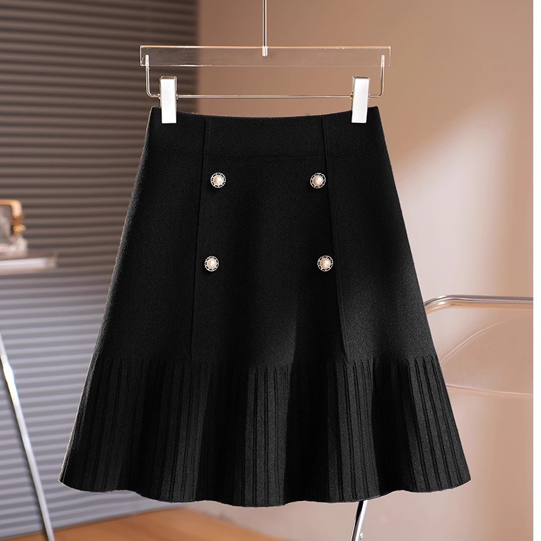 拉夏贝尔巨好看高腰双排扣针织百褶半身裙女2025秋冬新款加厚短裙